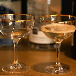 New Set of 2 Vintage Crystal Champagne Martini Gold Rim Glasses
